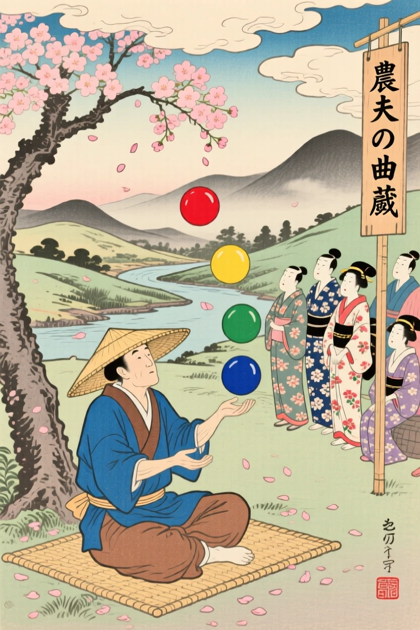A resting farmer juggling colorful balls before a crowd.