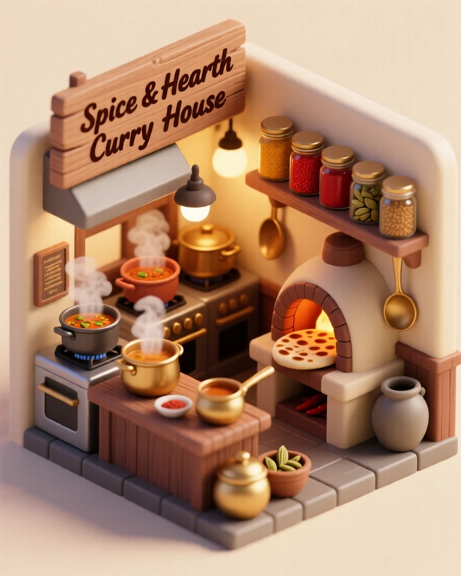 A bustling curry house with simmering pots releasing fragrant steam, naan bread baking in a tandoor oven, and spices lined on a shelf.