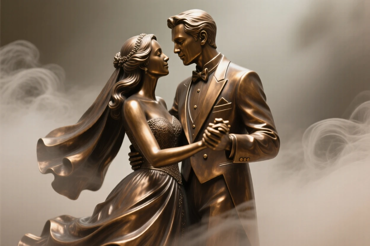 A bride and groom sharing their first dance, framed by an atmospheric, misty backdrop, forming a strong central focal point