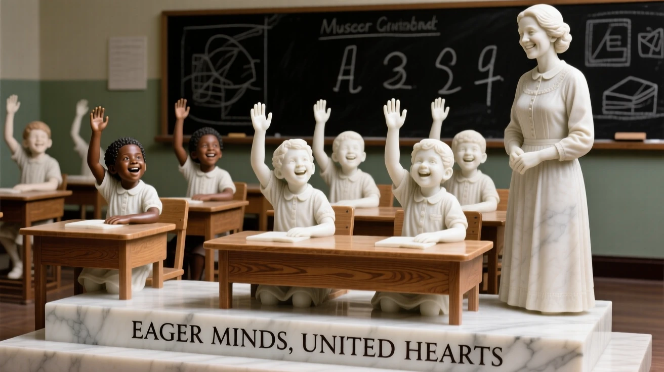 A joyful scene of a classroom of children raising their hands eagerly, capturing warmth, togetherness, and belonging