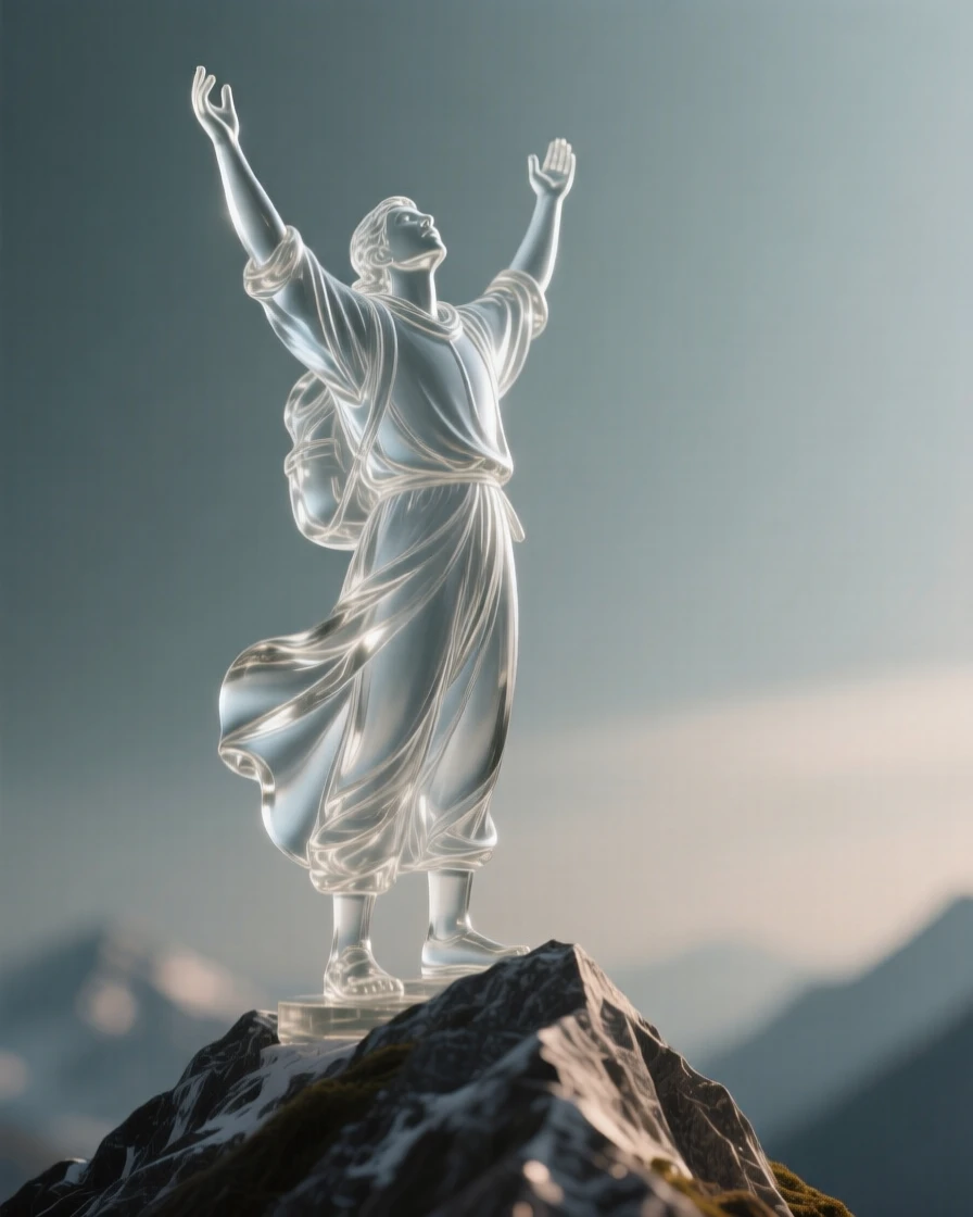 A traveler standing atop a mountain summit, arms raised set against a simple blurred background, dramatic side lighting carving out the features, mood tender and heartfelt.