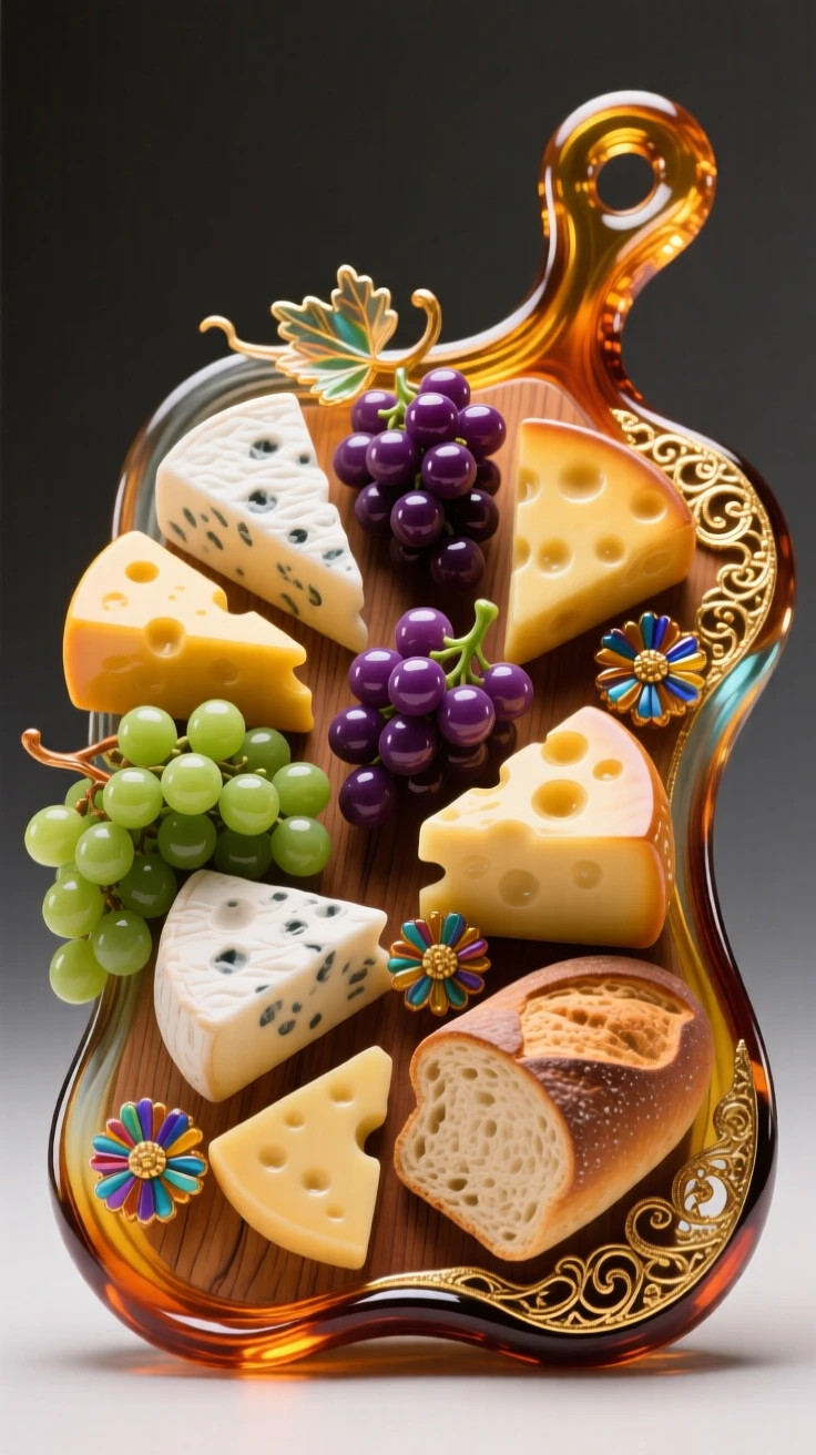 A rustic charcuterie board overflowing with cheeses, grapes, and fresh bread, abundant and inviting.