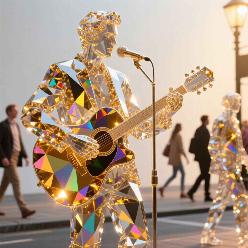 A street performer playing guitar, passersby pausing to listen in golden evening light.
