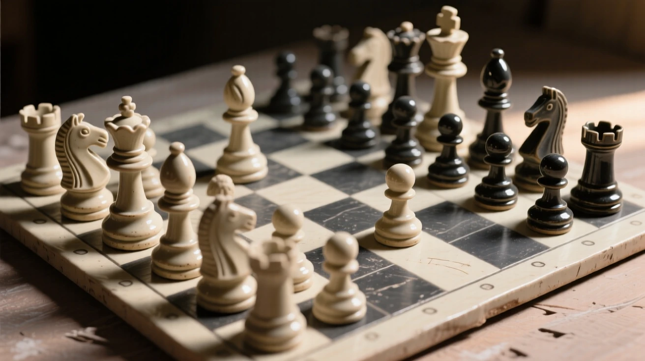 A chess set mid-game with pieces poised illuminated by a single warm light source, its surface polished to a gentle sheen, stirring fond memories of simpler times.