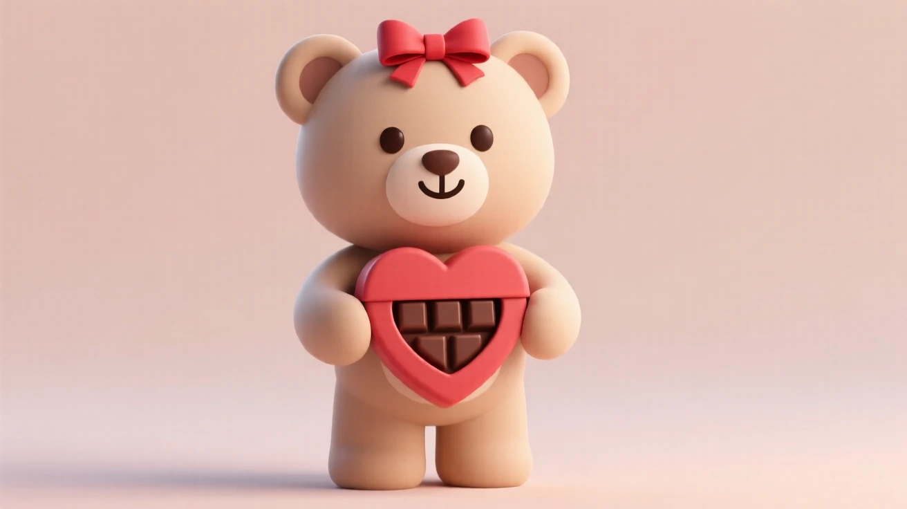 A joyful Valentine's teddy bear holds a heart-shaped box of chocolates in soft plush paws.
