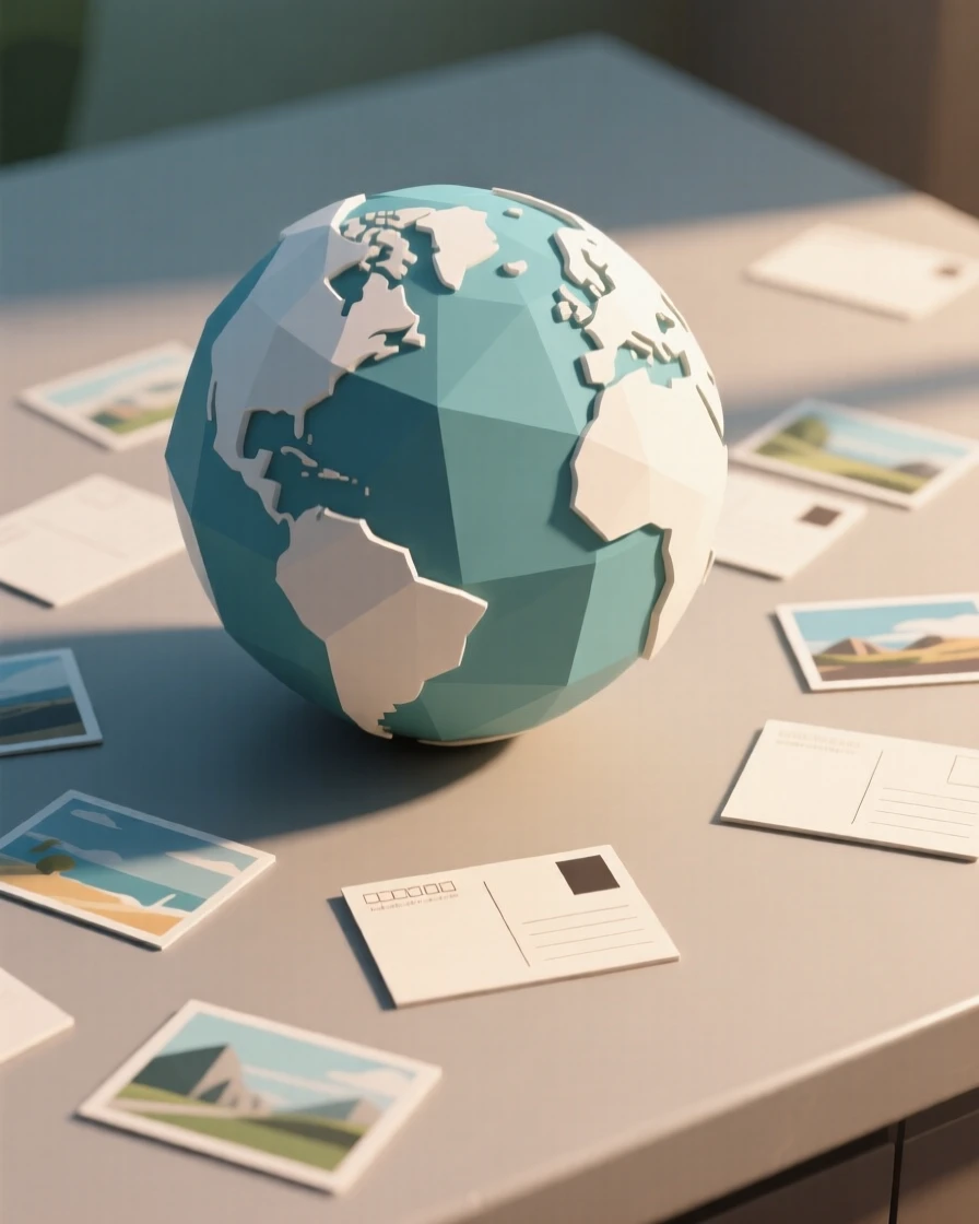 A globe surrounded by scattered travel postcards, bathed in warm afternoon light. the composition uses a balanced, classic still-life arrangement. There is a calm, contemplative stillness.