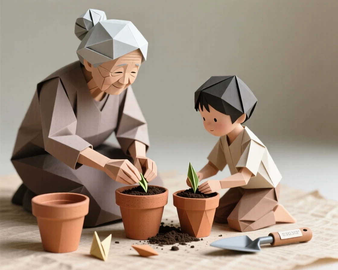 A grandmother teaching her grandchild to plant seeds in small clay pots.
