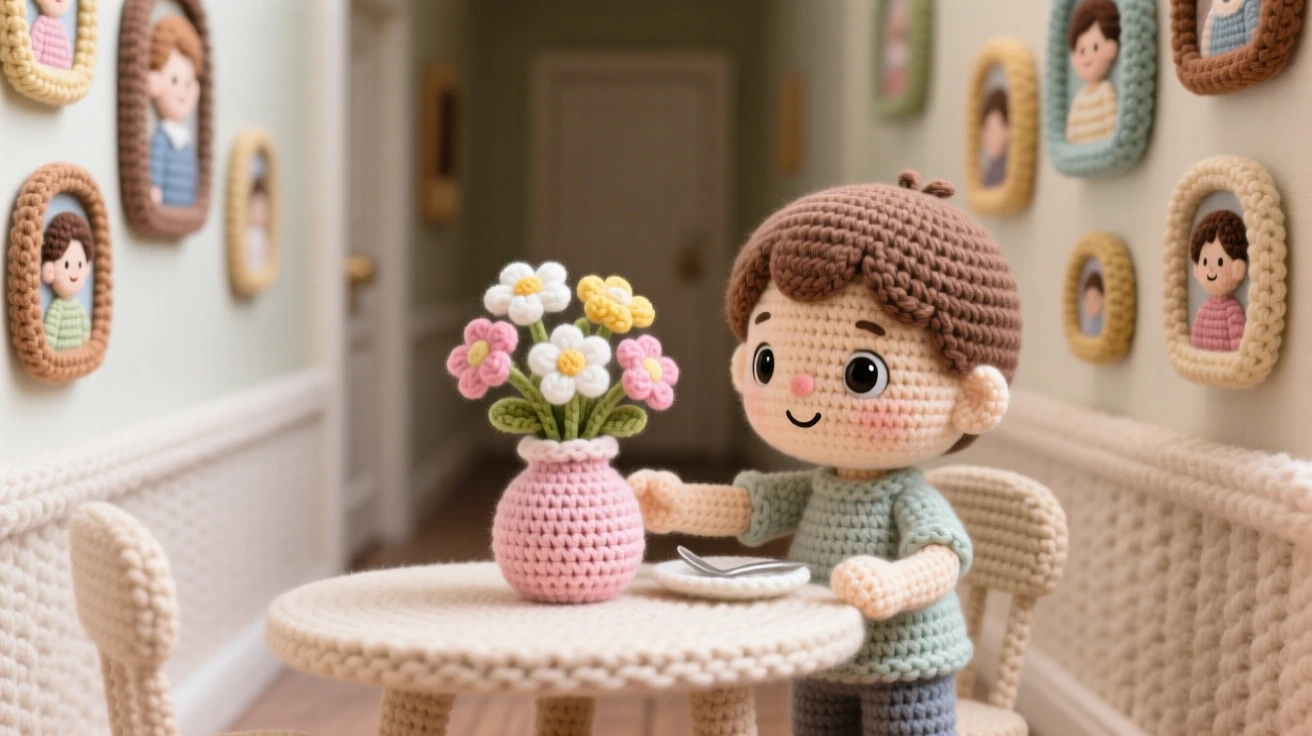 A tender everyday moment: a small child setting the table with careful, deliberate movements, placing a small vase of flowers at the center inside a quiet hallway lined with family photos; a small vase of fresh garden flowers completes the scene, full of quiet satisfaction in a small task well done.