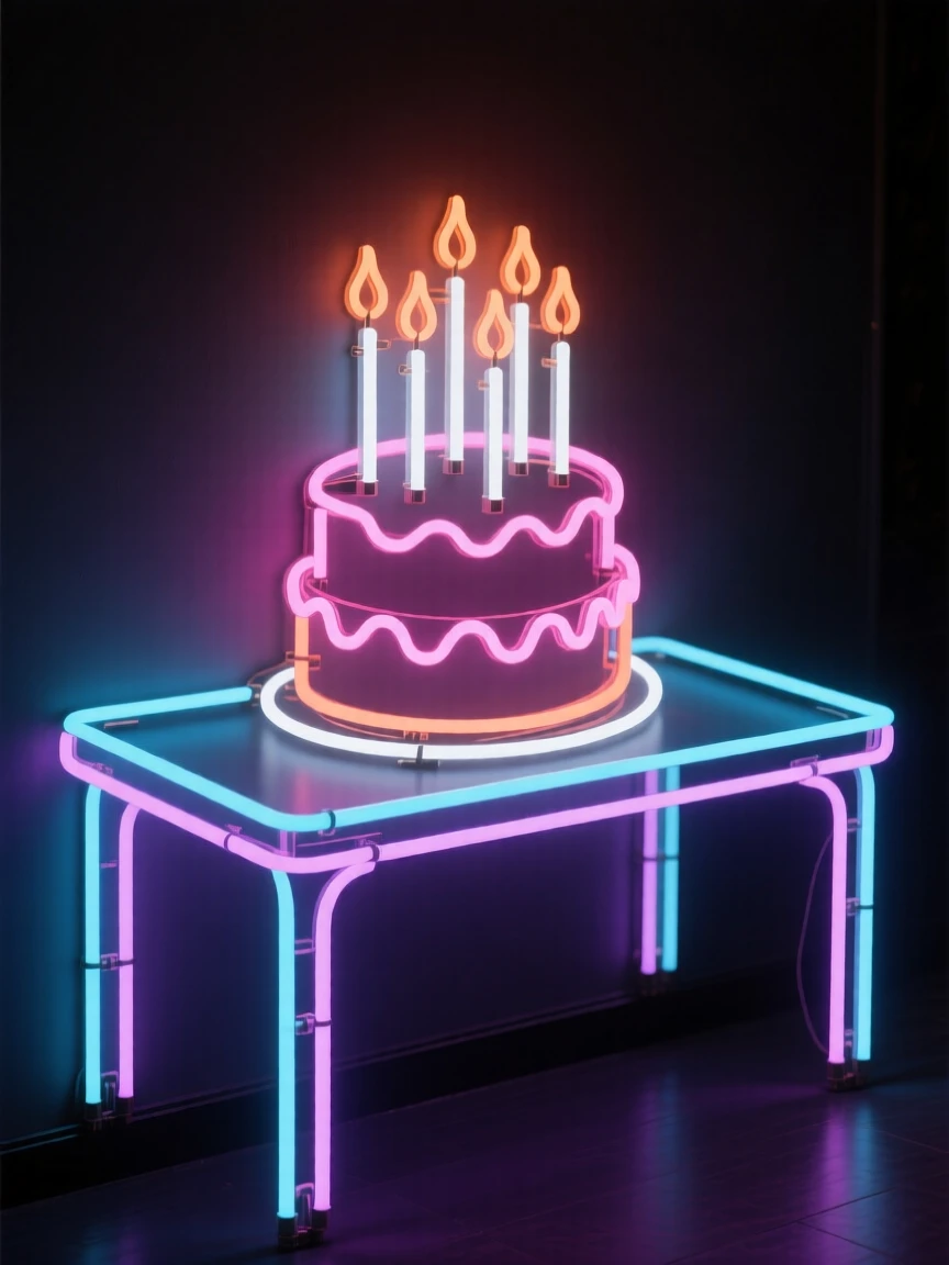 A table set for a birthday party with a cake full of lit candles.