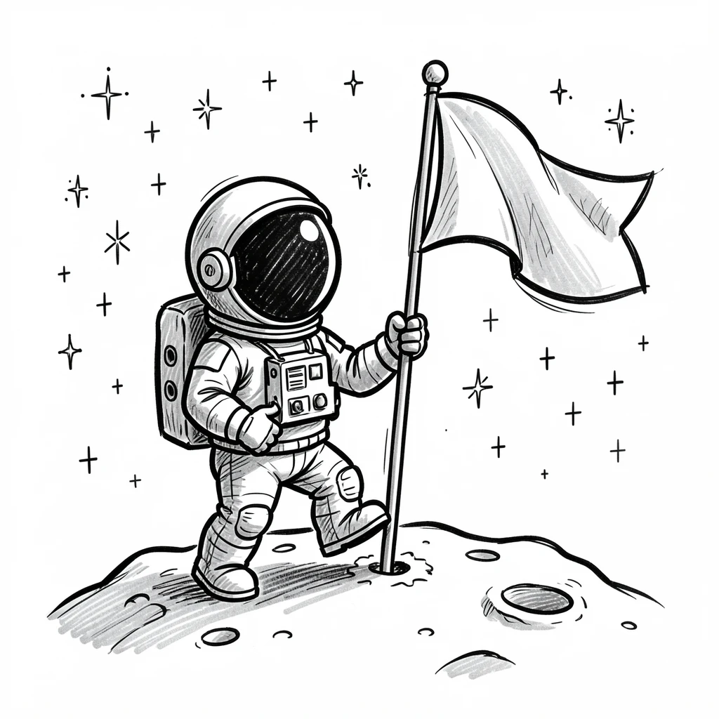 An astronaut planting a flag on the moon surrounded by twinkling distant stars.