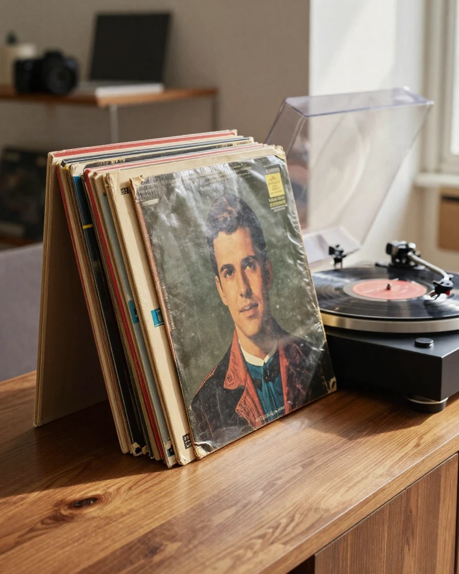 A stack of vinyl records beside a record player