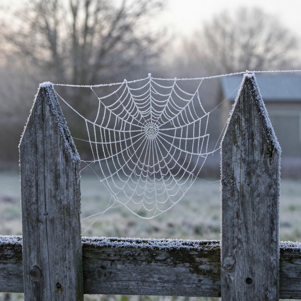 Frost coats a spiderweb strung between two fence posts on a cold winter morning.