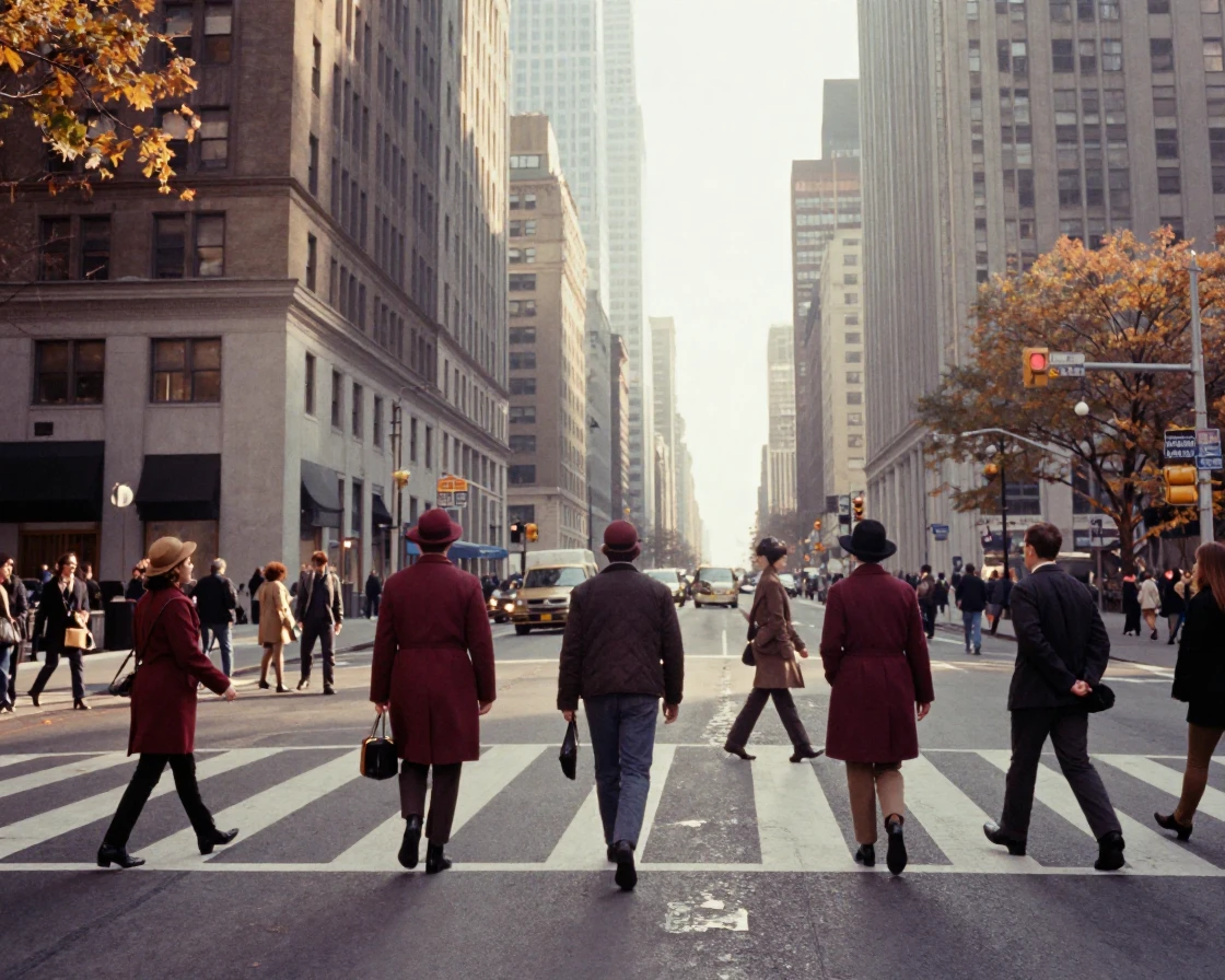Commuters crossing a busy intersection beneath towering buildings, in warm morning light, in still, windless air, in the mild days of early autumn, with rich burgundy and gold accents, from behind, looking toward the horizon.