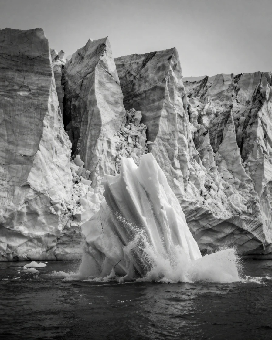 A glacier calves a massive chunk of ice into the sea beside towering ice cliffs.