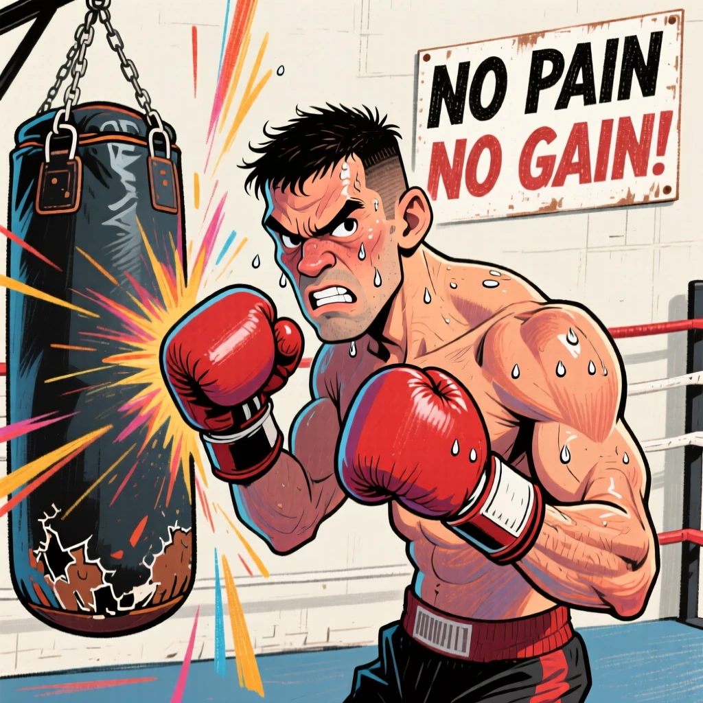 A boxer training hard, gloves up, sweat dripping, punching a heavy bag with focus.