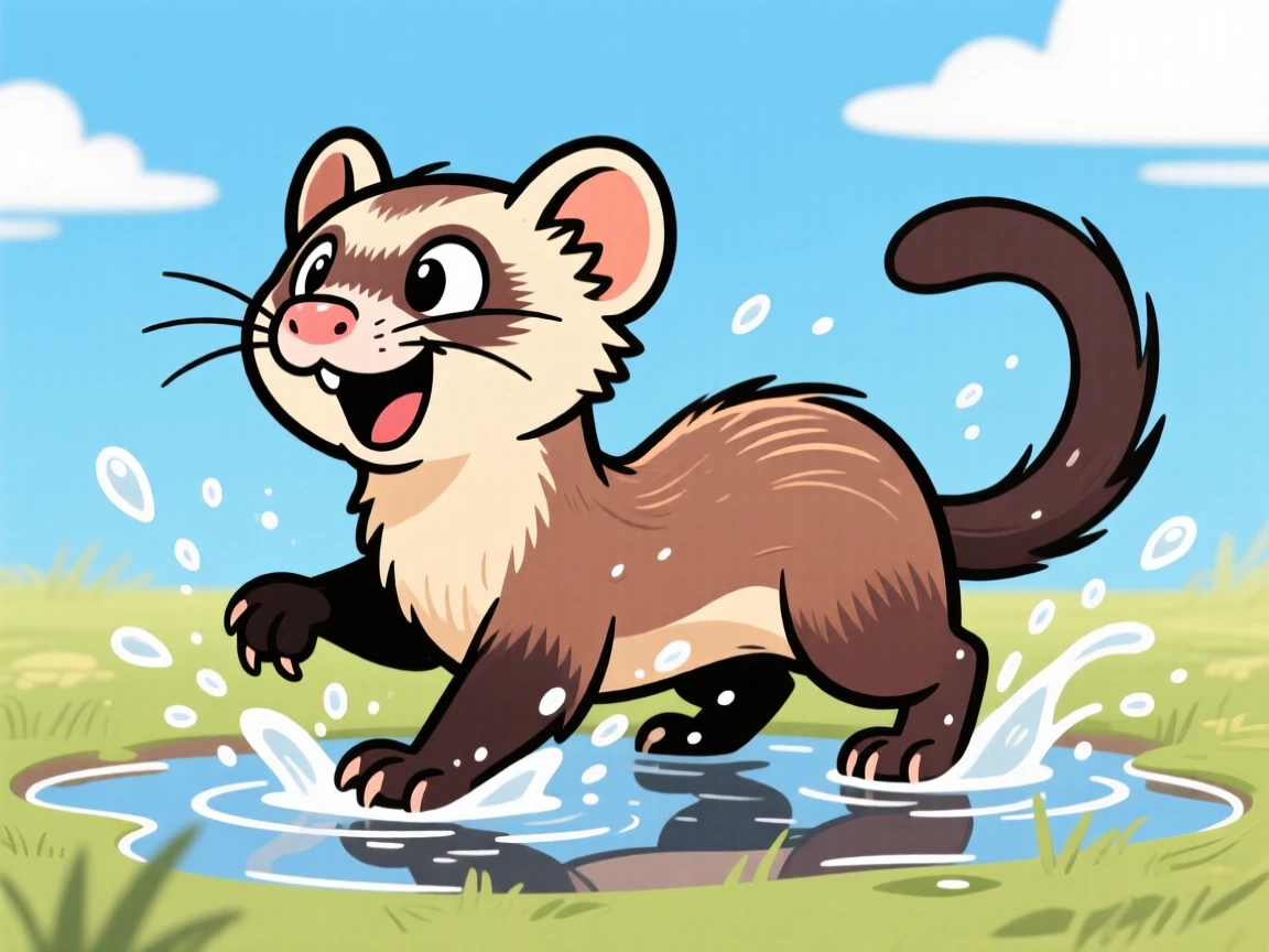 A playful pet moment featuring a curious ferret splashing gleefully through a puddle, with ears flopping comically in the wind.