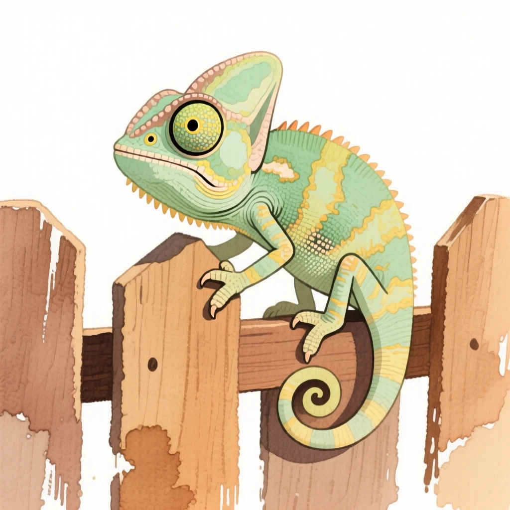 A chameleon peeking through a wooden fence
