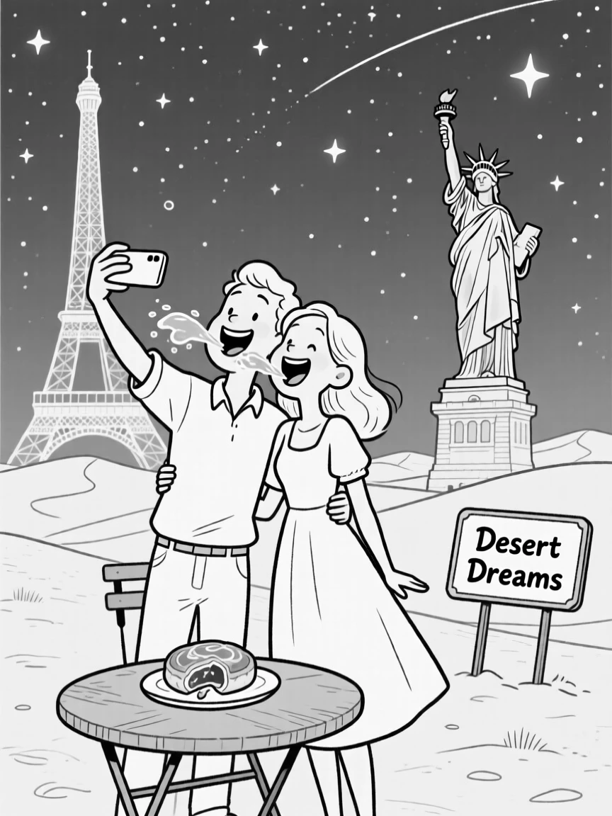 A couple posing for a wobbly selfie at a famous landmark, spitting out water with a delighted laugh, set parked beneath a blanket of stars in the desert. A half-eaten pastry balances precariously on the table's edge. The image feels like a postcard brought playfully to life.