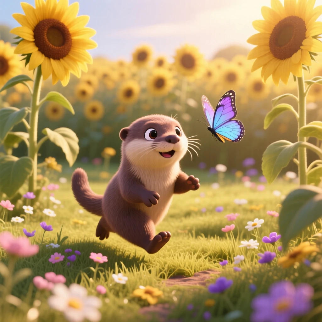 A curious otter pup is wandering through a field of sunflowers, chasing a fluttering butterfly. The mood is soft, tender, and endearing, with a scattering of small flowers around it.