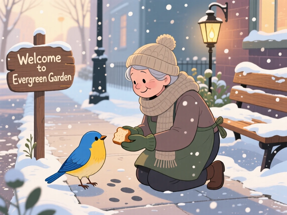 A small bird and a kind gardener are seen comforting each other after a hard day in a snowy sidewalk, as trust grows between them.