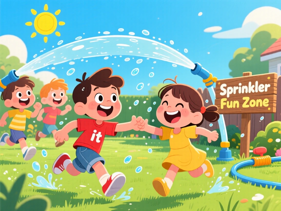 A game of tag among children running through sprinklers on a hot day.