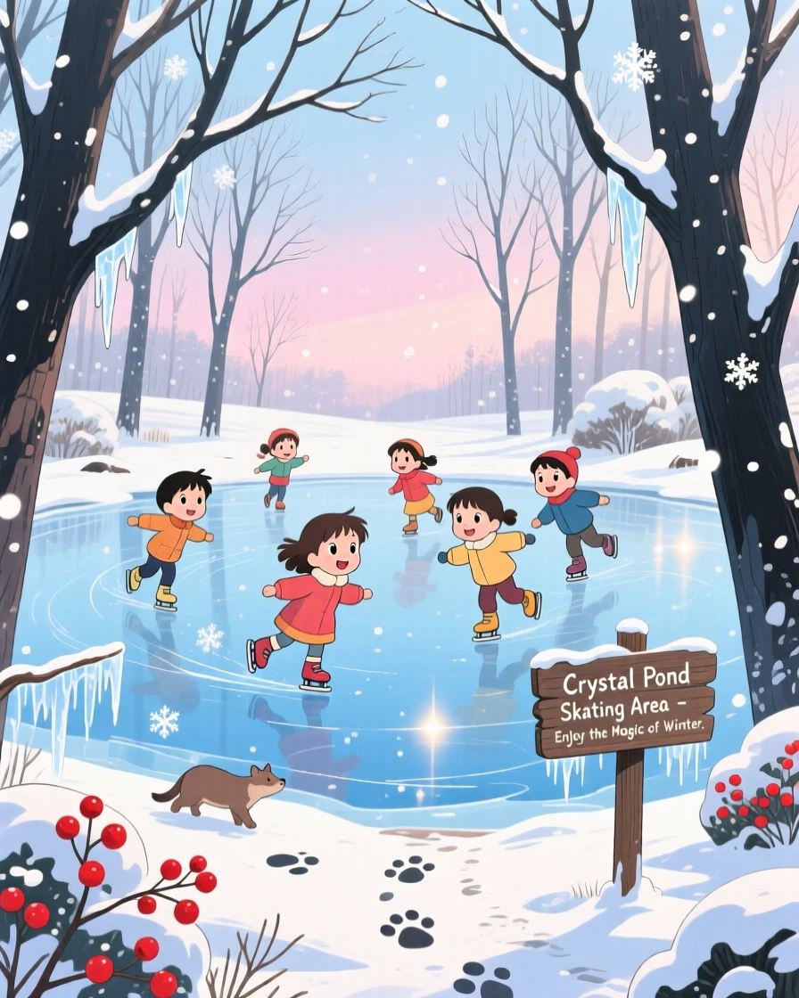 A winter scene of a frozen pond where children skate under bare trees, as small details of the season fill every corner.