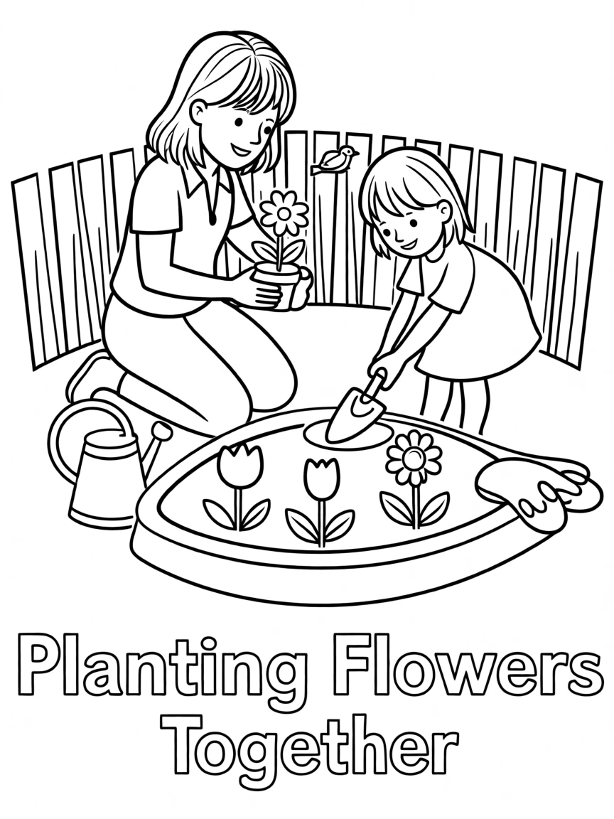 A mother and daughter planting flowers in a garden
