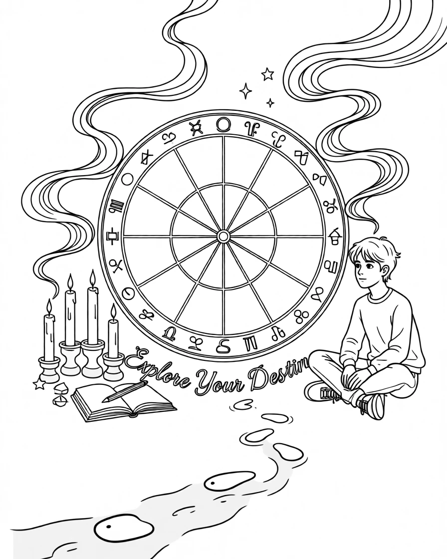 An astrology chart surrounded by candles and incense smoke, with a trail of glowing footprints leading into the dark.