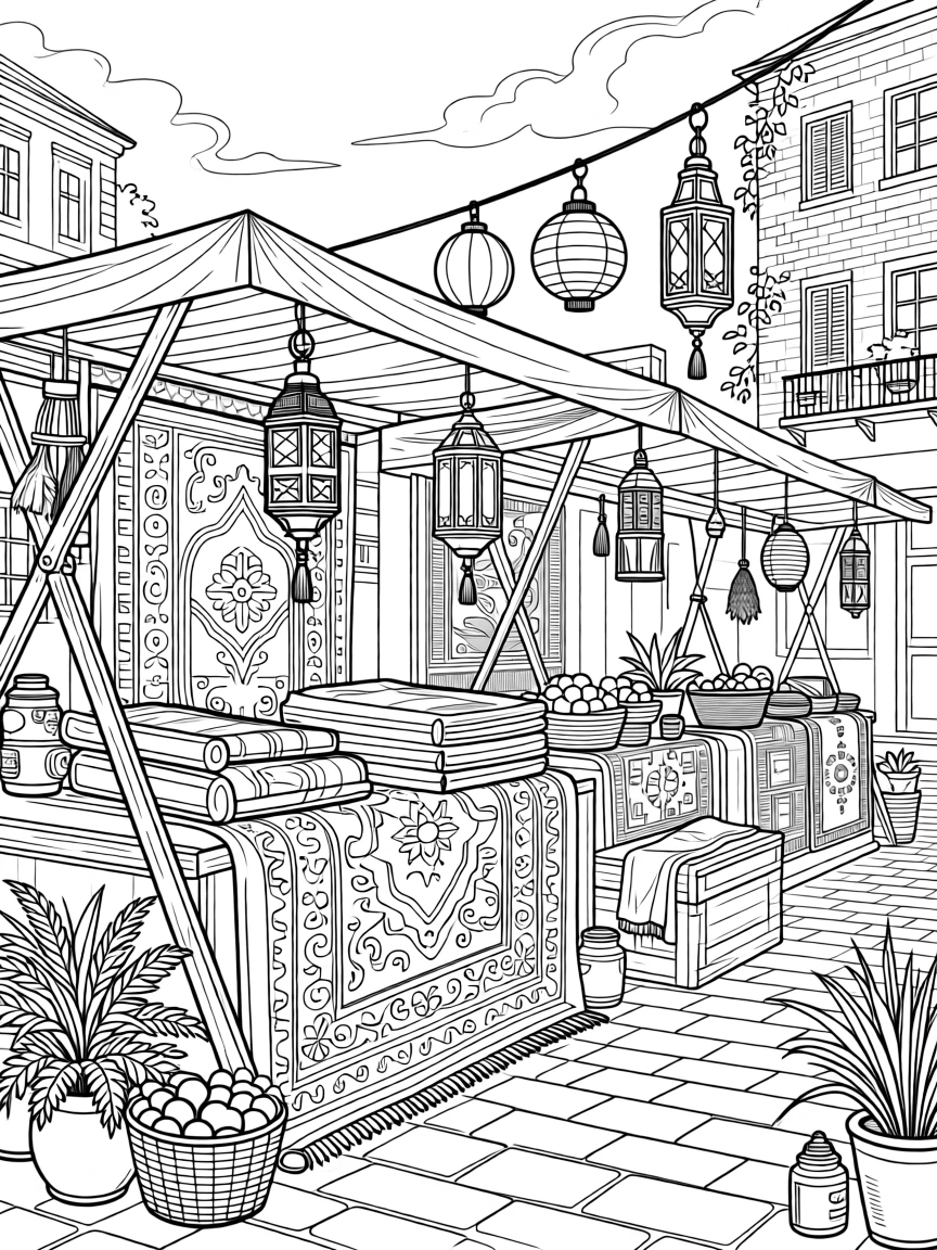 A market square bustling with lanterns and rugs at dusk.