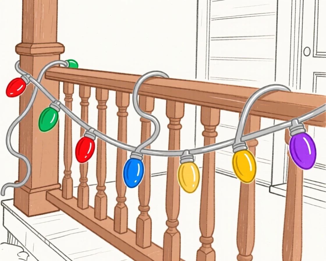 A string of holiday lights wrapped around a porch railing.