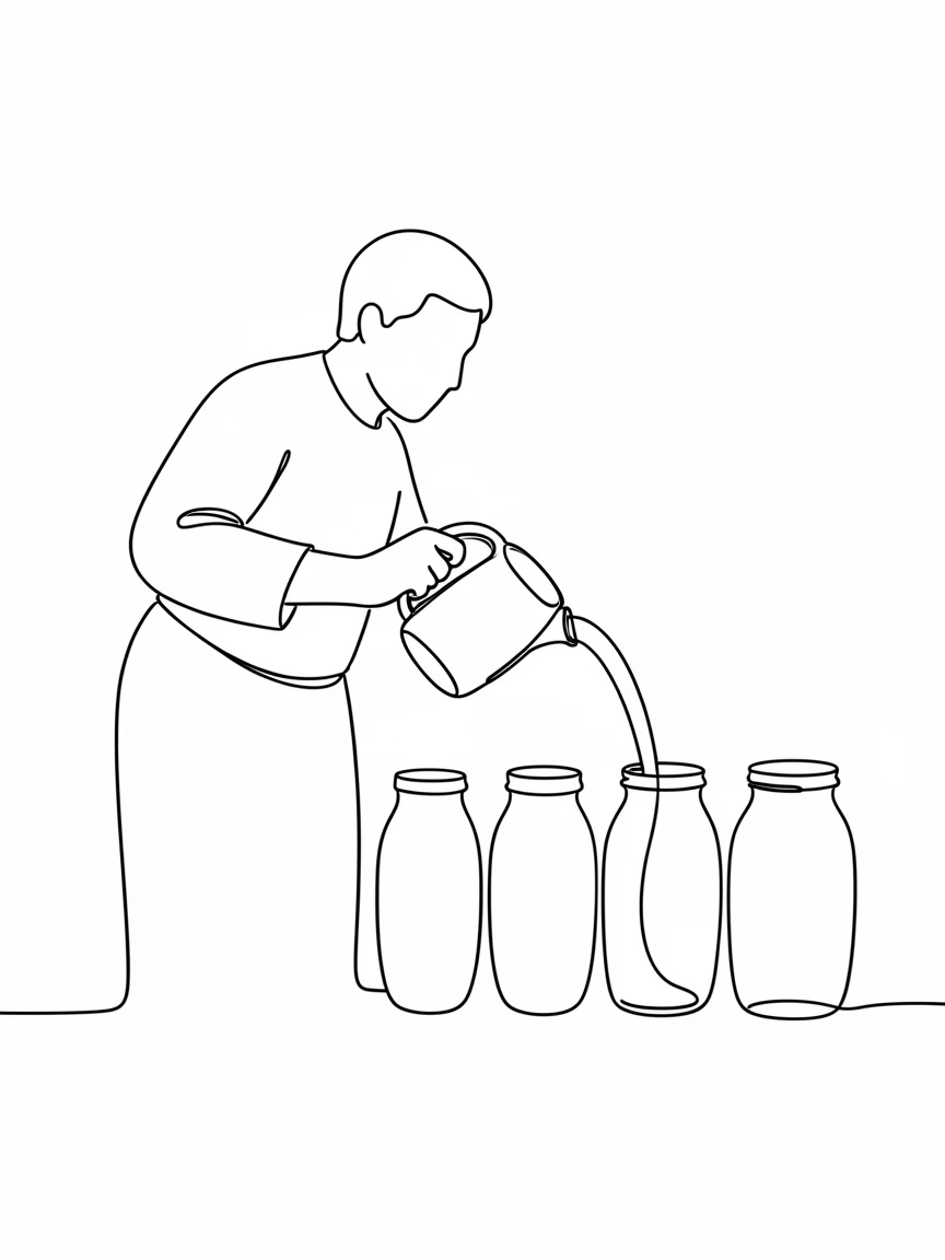 A candle maker pouring melted wax into a row of glass jars