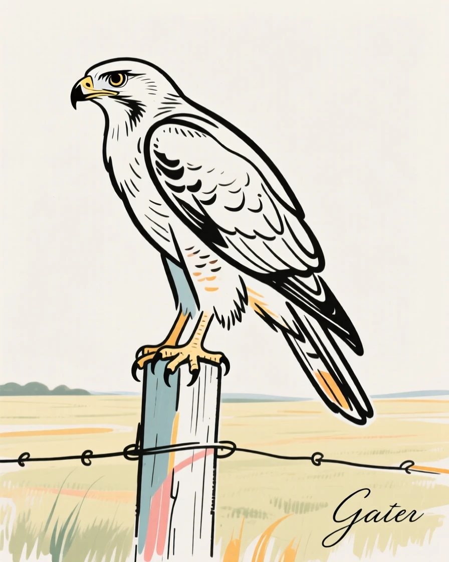 A hawk perched on a fence post scanning an open field.