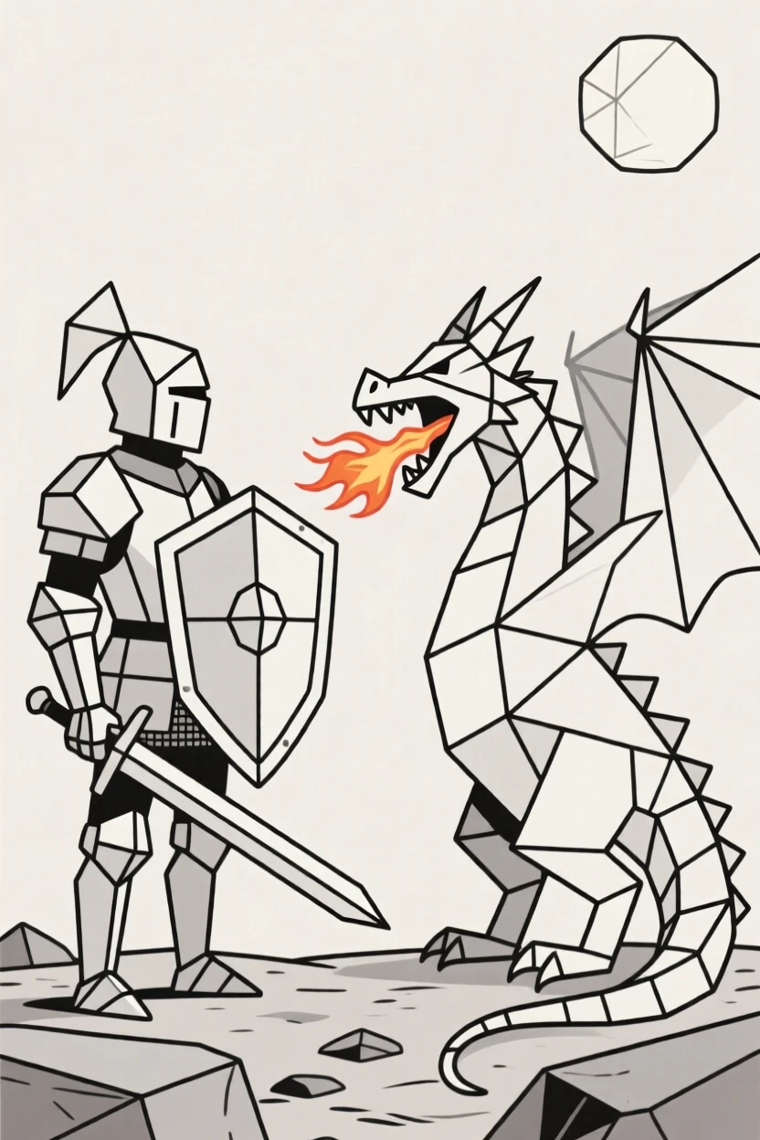 A knight facing off against a fire-breathing dragon