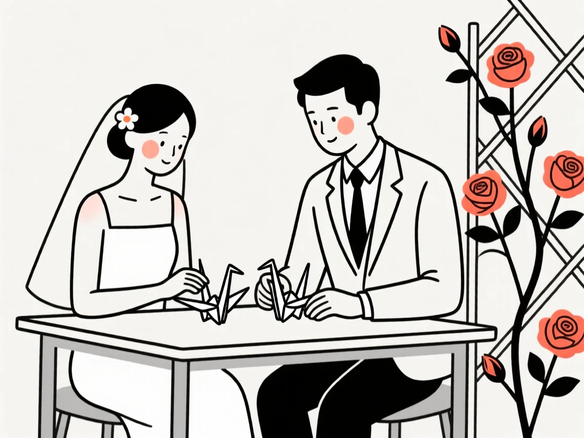 A bride and groom folding paper cranes at a desk, beside a blooming rose trellis.