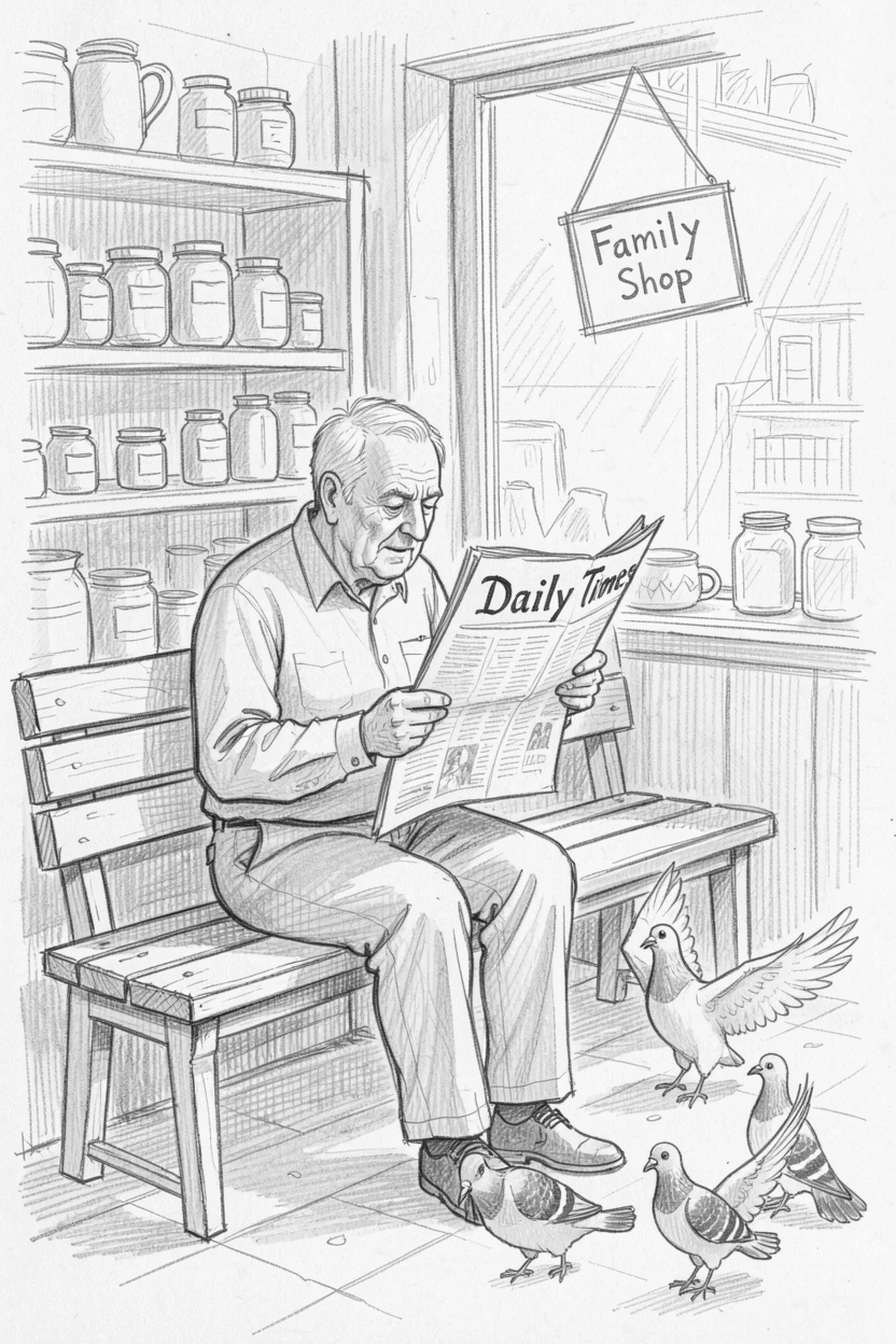 A warm everyday moment: an elderly man reading a newspaper on a park bench in a small family-run shop, with pigeons scattering nearby.