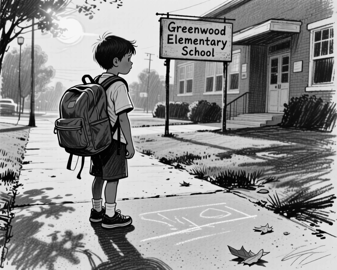 A child's first day of school, backpack too big, as golden afternoon sun spills across the scene.