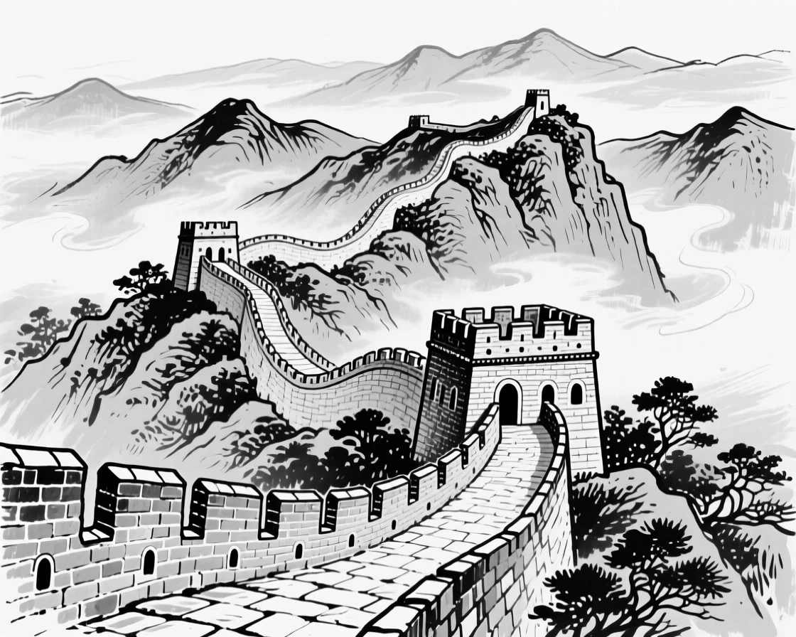 The Great Wall of China stretching across misty green mountains.