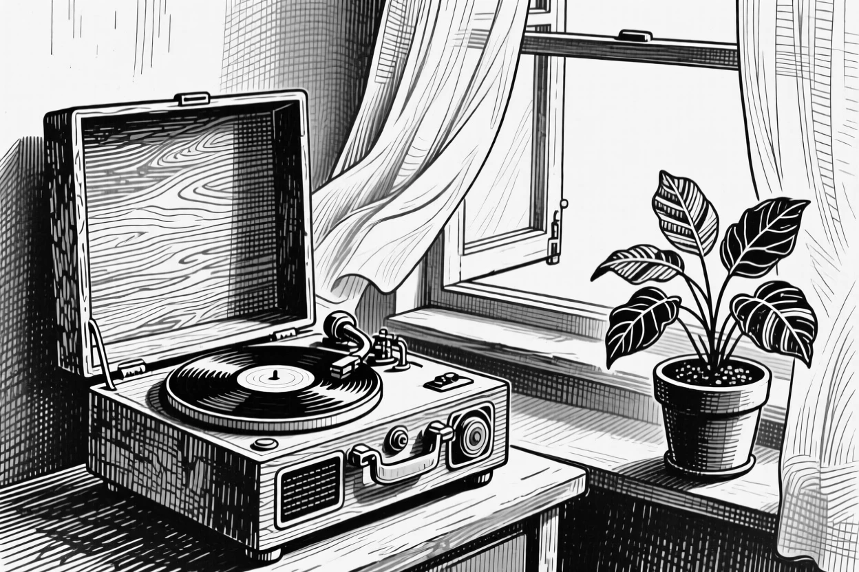 A vintage record player placed near an open window with curtains drifting, with a small potted plant nearby, forming a richly textured still-life study.