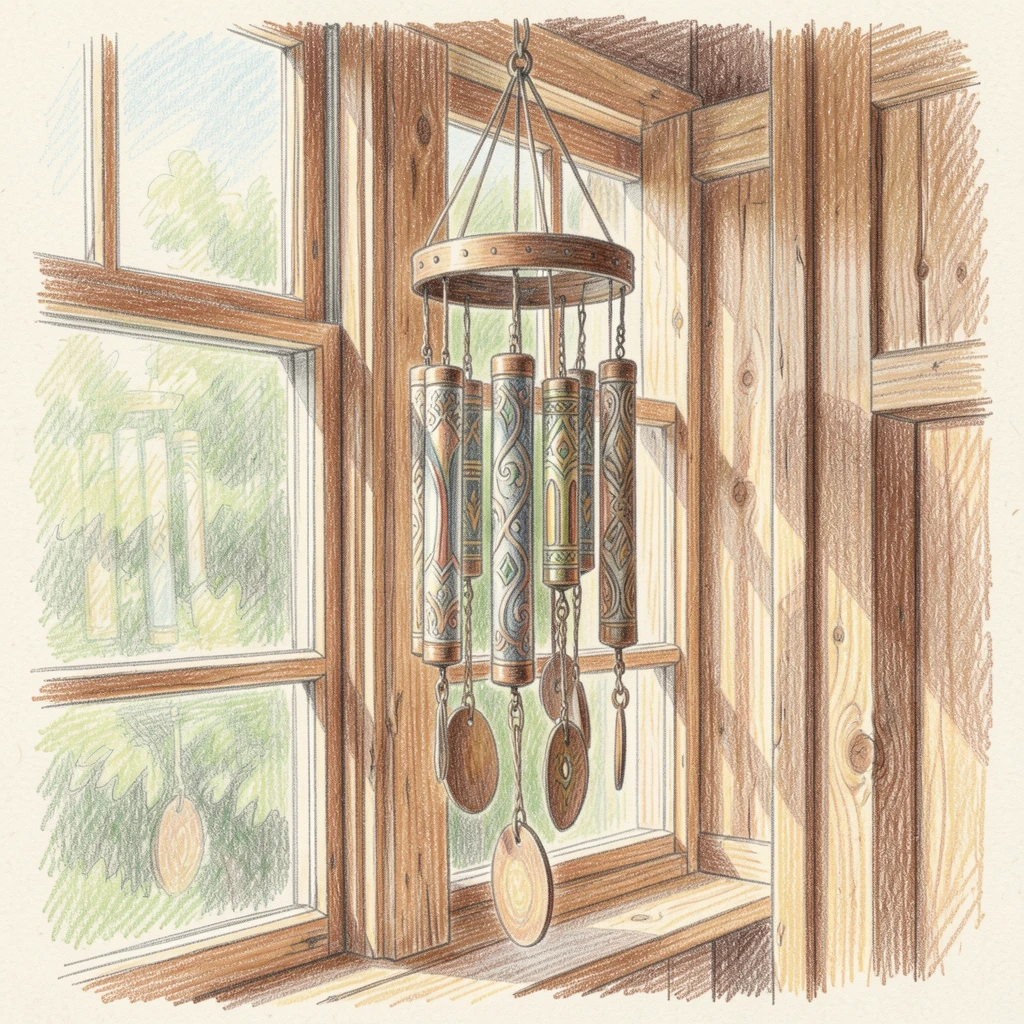 A decorative wind chime hanging beside a sunlit porch window, arranged thoughtfully with soft, natural lighting, designed to feel timeless and collectible.