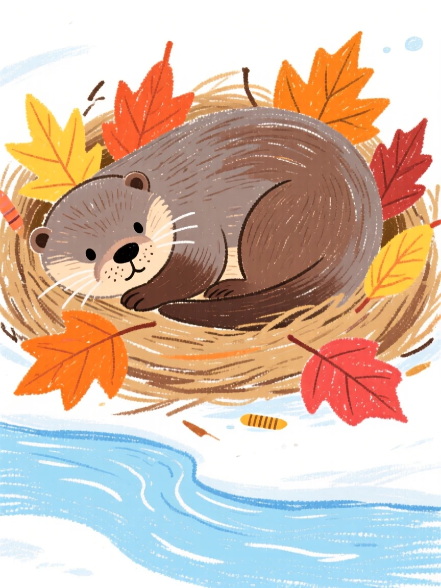 A river otter curling up in a nest of dry leaves for winter.