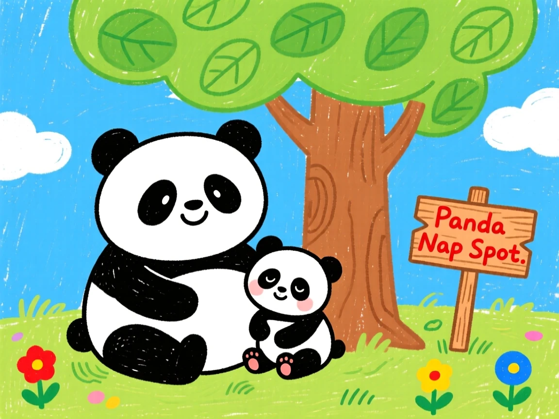 A sleepy panda cub cuddled beside its mother under a shady tree.