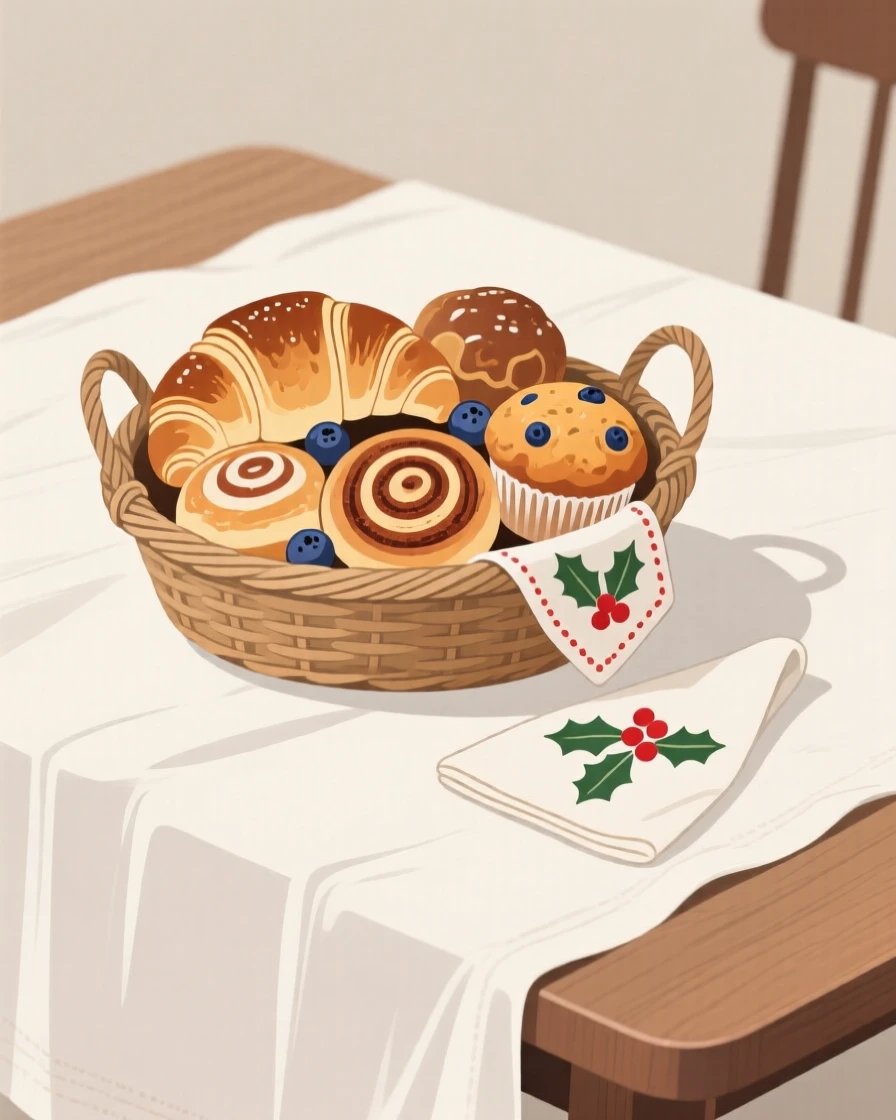 A basket of fresh pastries beautifully displayed on a linen tablecloth at a holiday feast.