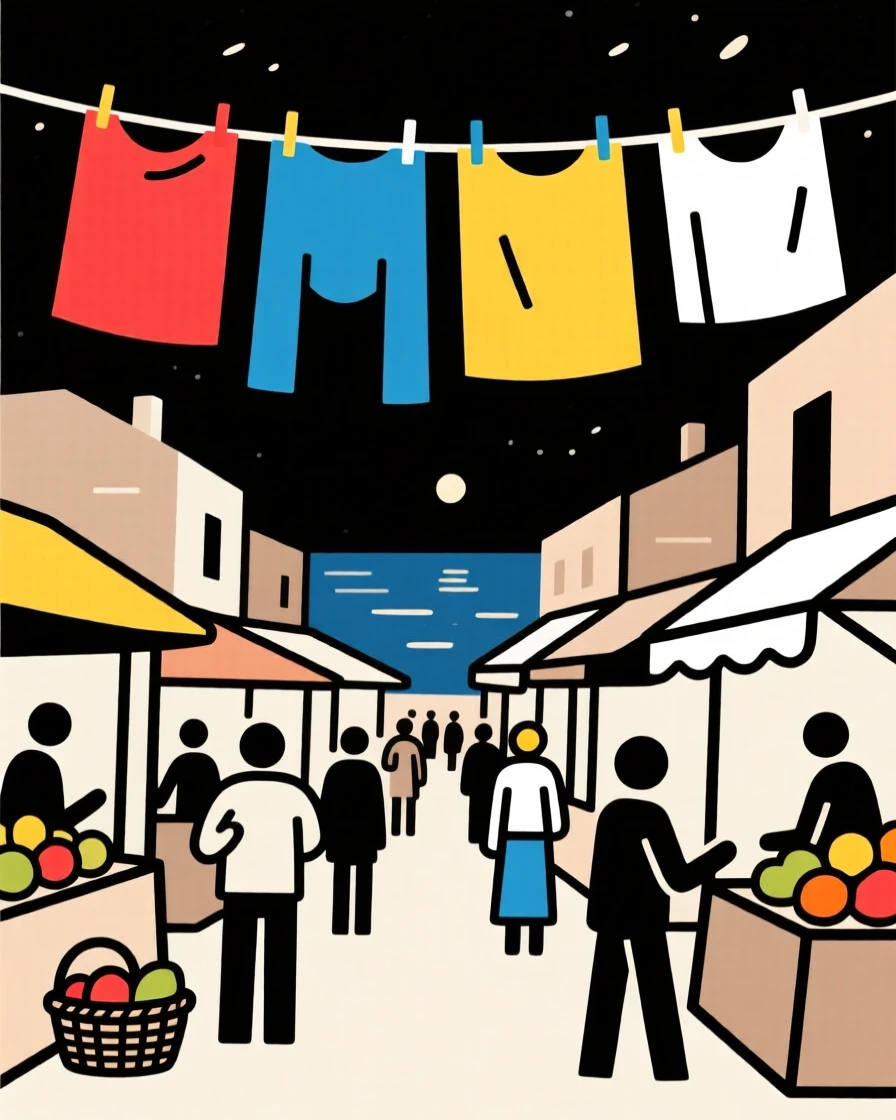 A view of a bustling night market at a coastal Mediterranean town, framed by colorful hanging laundry lines, capturing cultural wonder.