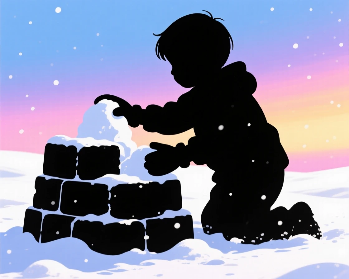 A child building a snow fort with mittened hands in a fresh snowfall.