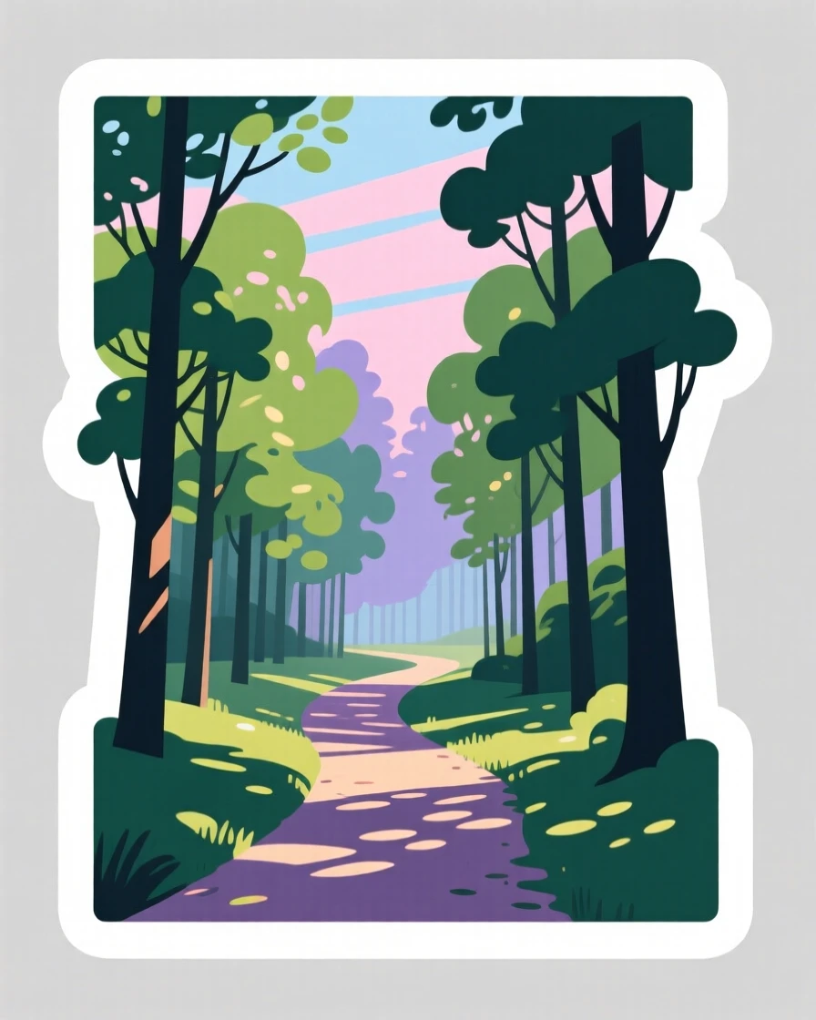 A richly colored quiet forest path dappled with sunlight, under a sky painted in pastel colors, perfect for a moment of quiet reflection.