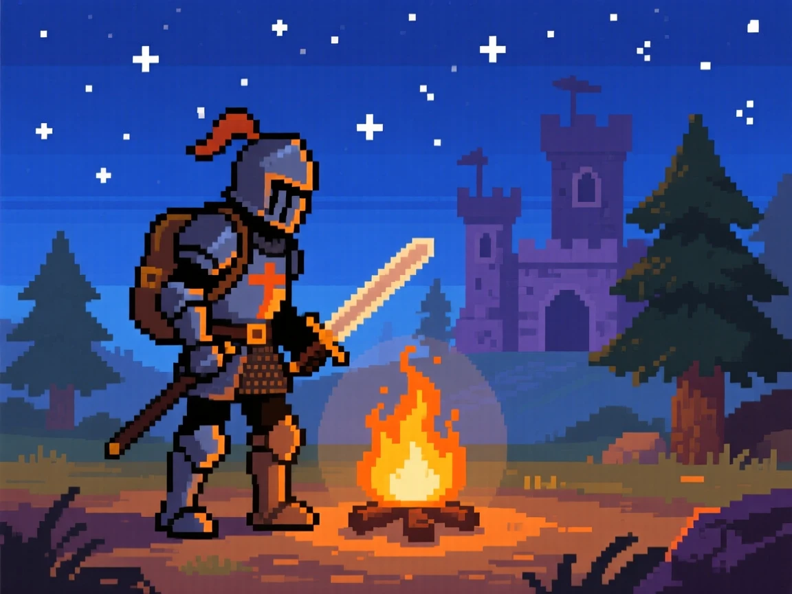 A wandering knight leveling up beside a campfire under starlight, in a retro-style fantasy kingdom.