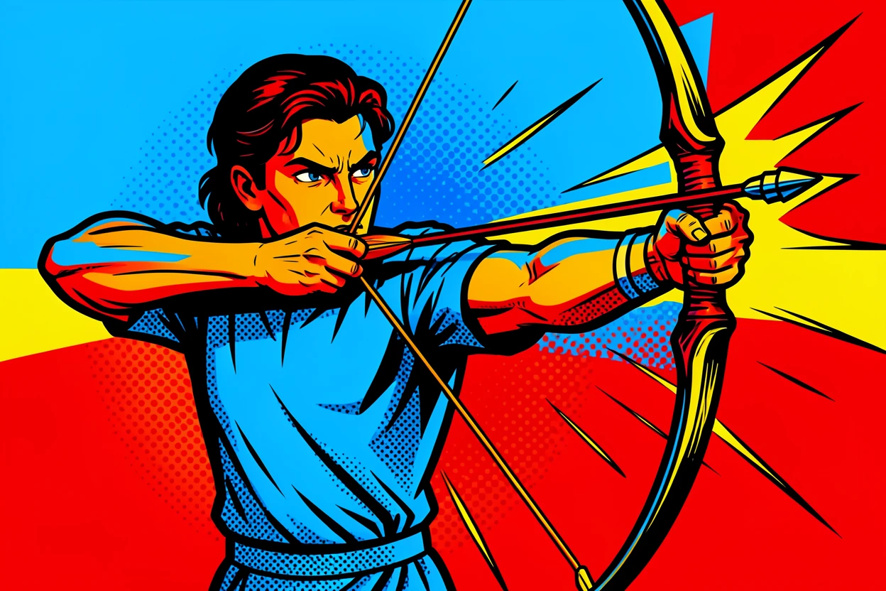 An archer drawing a bow with full focus