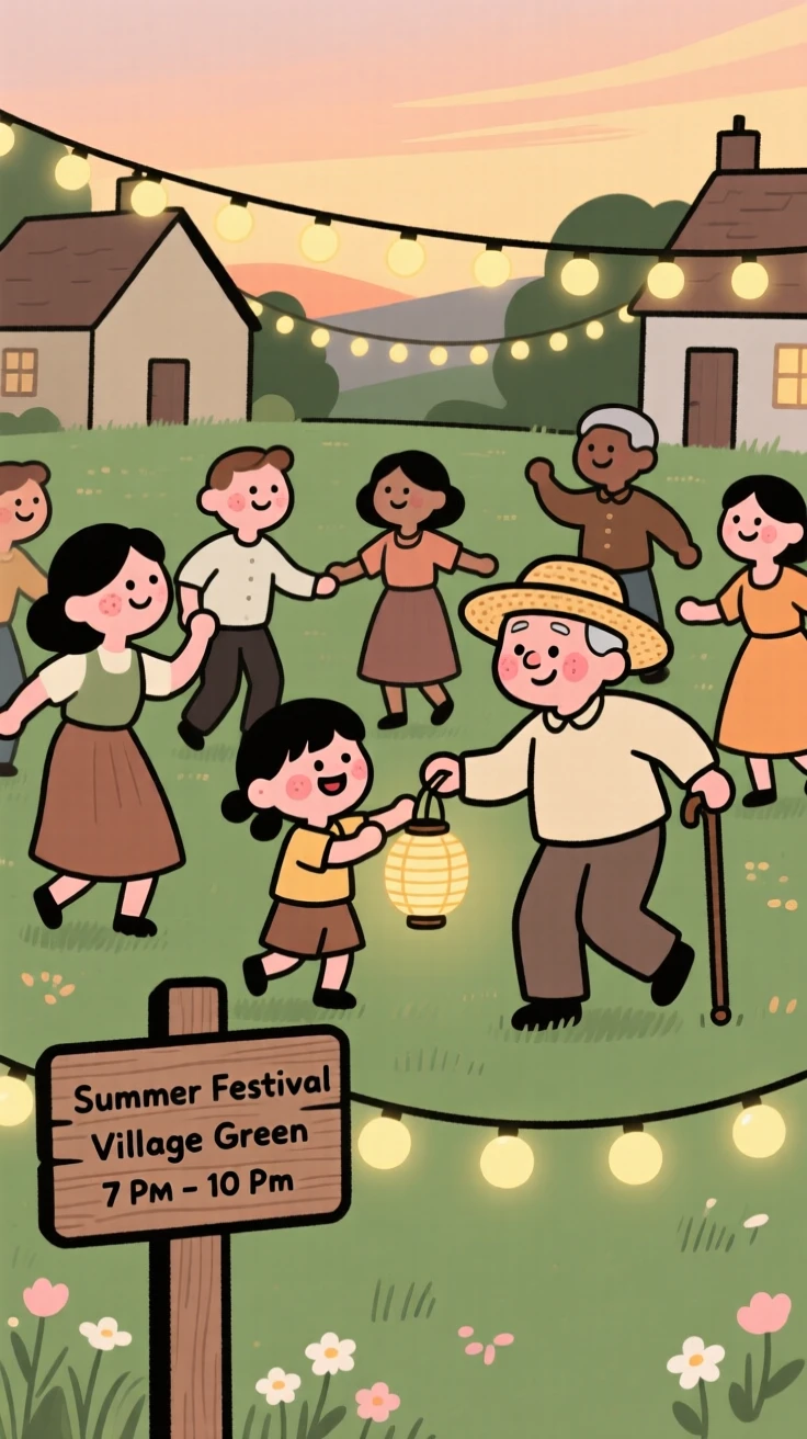 A community gathers in the village green for a summer festival, dancing together beneath strings of fairy lights as evening falls.