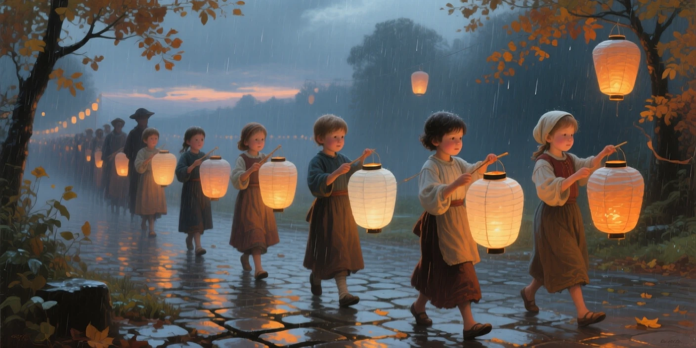 A balanced composition of children carrying paper lanterns during an evening festival procession, during a light rain, in mid-autumn.