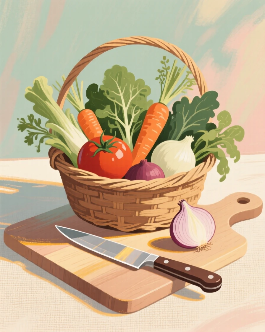 A basket of fresh vegetables beside a chopping board and knife